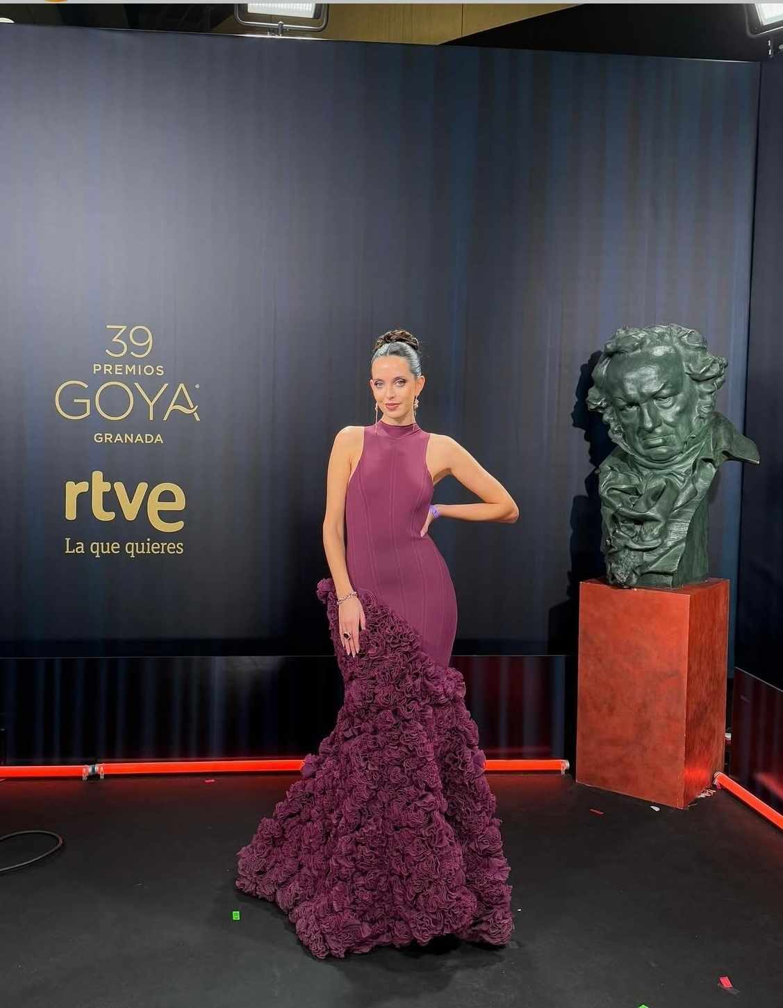 Marta Sierra vestida de Claro couture en los Goya con un vestido largo.